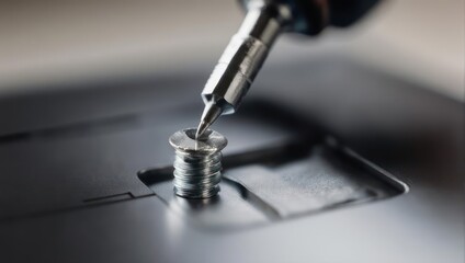 Precision Assembly - Screwdriver Tightening a Small Screw in a Metallic Component.