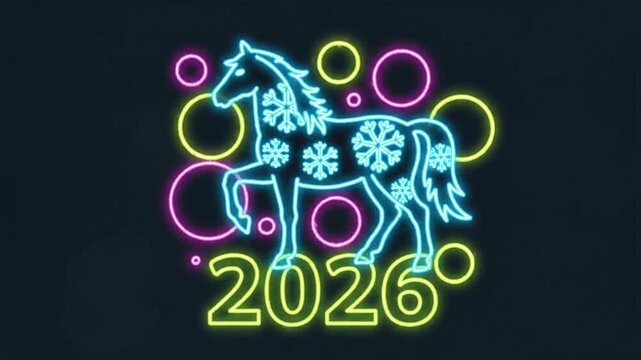 Flat vector illustration with a thin neon-style horse outline blended with snowflake motifs