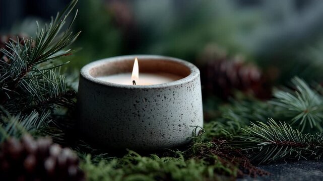 A candle is lit in a small white bowl on a table. Macro shot of natural Christmas candle setup with pine needles and simple clay holder, serene rustic style, eco rustic christmas home
