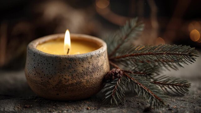 A candle is lit in a small, brown bowl. Macro shot of natural Christmas candle setup with pine needles and simple clay holder, serene rustic style, eco rustic christmas home