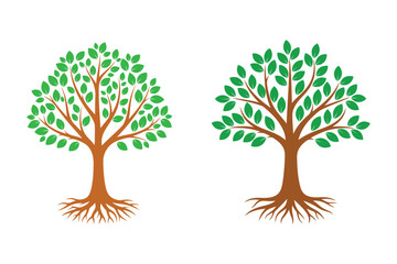 green tree with roots and leaves vector icon set