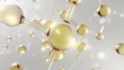 キラキラ光るゴールド分子水滴の超クローズアップ視点　高保湿ビューティーアニメーション ジェネレーティブAI