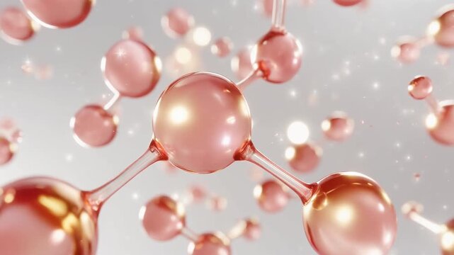 高保湿をイメージしたピンク水滴分子の輝き動画  美容液のミクロ視点　クローズアップ　ジェネレーティブAI