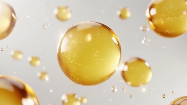 透明感と輝きをまとったゴールド水滴分子 キラキラの光を放つ美容科学の超クローズアップ視点 動画 ジェネレーティブAI