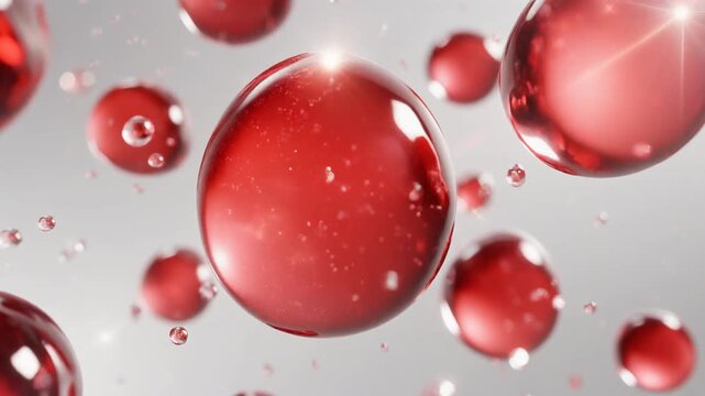 ぷるんと弾む潤っ赤色の水滴分子が輝く美容保湿動画 超クローズアップ　美容科学 ジェネレーティブAI