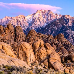 A landscape showcases large, rounded rock formations in the foreground with a majestic snow-capped mountain range under a colorful sky