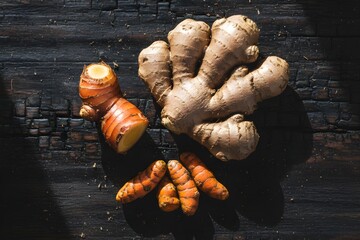 Flat Lay Composition of Fresh Ginger, Galangal, and Turmeric Roots on a Dark Rustic Wooden Background, Natural Light for Healthy Drink, Herbal, and Asian Cooking Content