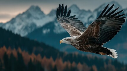 Obraz premium Majestic eagle soars above autumn forest and snowy mountains