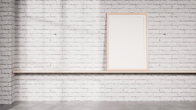 Minimal Frame Mockup on Shelf with White Brick Wall for Branding Display
