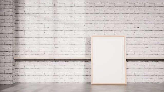 Single Poster Frame Mockup on Shelf Against White Brick Interior Wall