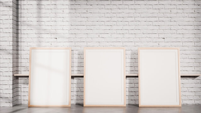 Three Frame Floor Mockup in White Brick Interior for Branding Display