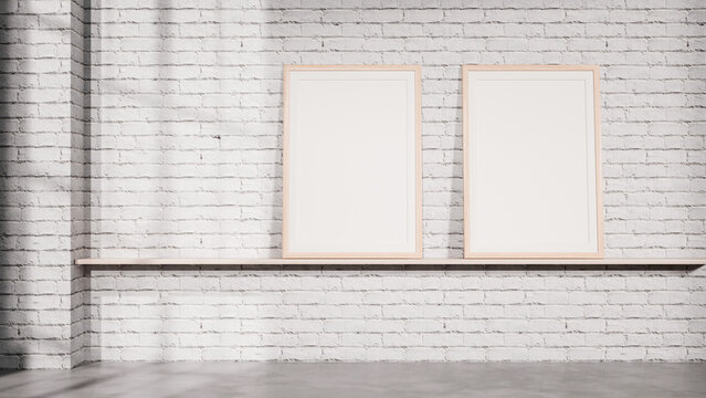 Two Frame Mockup Set on Shelf with White Brick Wall Background
