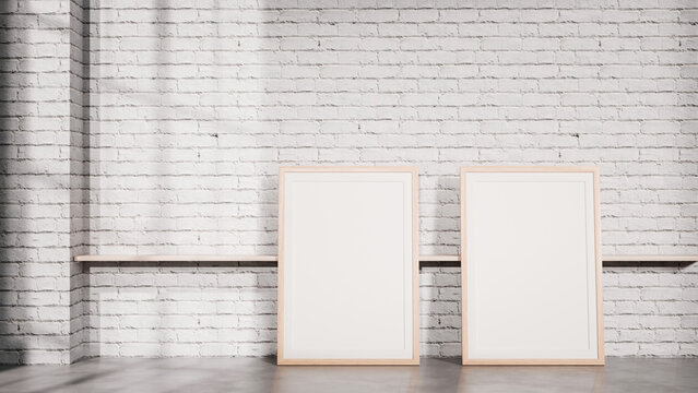 Dual Frame Shelf Mockup in White Brick Interior for Product Branding