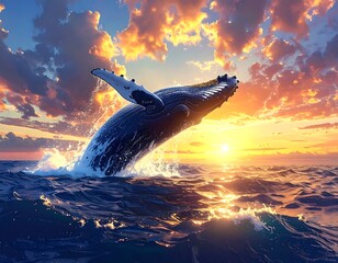 A humpback whale breaching out of ocean with a vibrant sunset