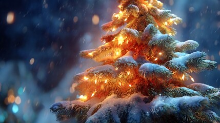 Christmas tree night with glowing lights falling snow magical winter mood cinematic festive scene