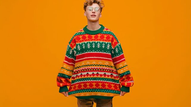 Young man wearing an ugly Christmas sweater against a bright background, showing playful holiday fashion with bold colors and humorous seasonal style