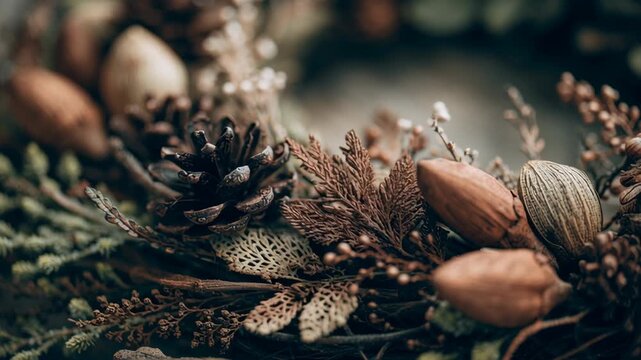A wreath made of pine cones and nuts. The pine cones are brown. Macro shot of Christmas wreath made from dried herbs, pine, and twigs, organic sustainable holiday style, eco rustic christmas home