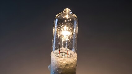 Photo of closeup of a glowing incandescent light bulb filament, illuminated in the dark