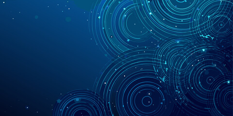 Abstract blue background with concentric circles and scattered sparkling dots