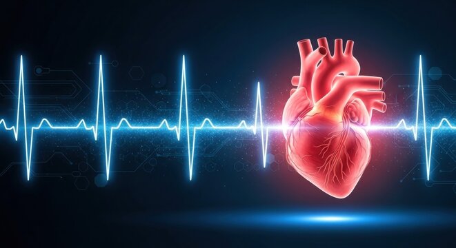 A glowing red heart with a blue electrical wave pattern in the background.