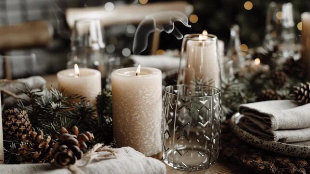 Macro shot of eco Christmas table setup with linen napkins, pine branches, and handmade candles, natural textures, eco rustic christmas home