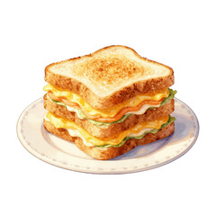 Double-decker sandwich with cheese and vegetables stacked on plate