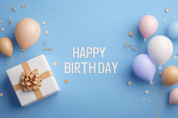 Happy Birthday Banner, Balloons, Gift Box, Party Invitation
