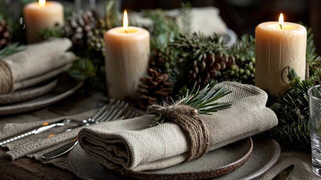 Macro shot of eco Christmas table setup with linen napkins, pine branches, and handmade candles, natural textures, eco rustic christmas home