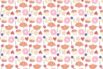 白背景に手描きのイラストパターン。水彩のマフィンとクッキーとクロワッサン。おやつのコンセプト