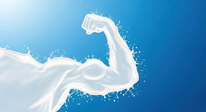 A muscular arm flexing in the air against a blue background.