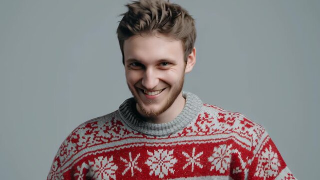 Smiling young man wearing a patterned winter sweater against a neutral background, showing a relaxed portrait with friendly mood and casual seasonal style