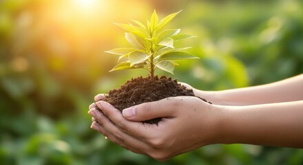 Fototapeta premium Hands holding a young plant in a field with sunlight shining through the leaves.
