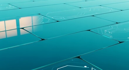 Digital circuit pattern on glossy teal tech panels background