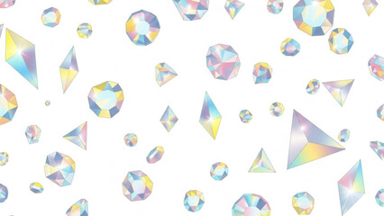 Iridescent crystals and diamonds scattered on white background, sparkling with pastel colors and bright faceted surfaces, perfect for luxury and elegance themes
