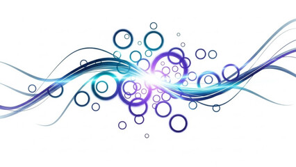 Vibrant blue and purple swirling lines and circles on white background creating dynamic abstract design