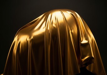 A mysterious figure is completely covered in a luxurious, shimmering gold fabric