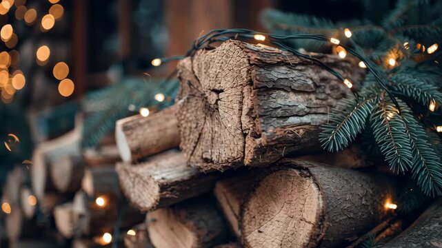 A pile of wood logs with lights on them. Scene is cozy and warm. Macro shot of firewood stack with pine branches and subtle festive lights, natural off-grid winter style, off grid christmas cabin