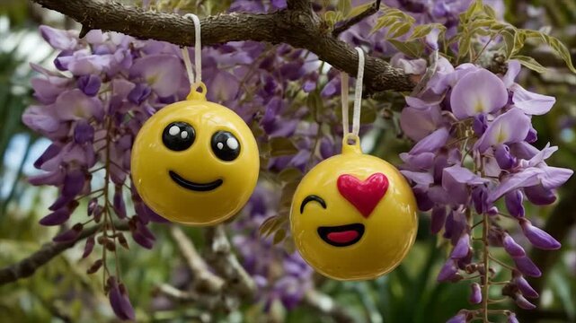 Decorative emoticons hanging on branch amidst purple blossoms