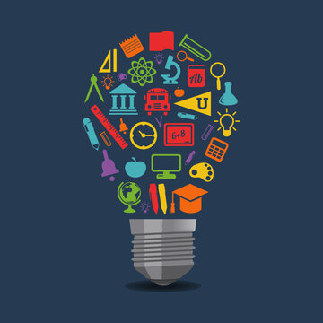 Bright colorful collection of educational icons forming the shape of a glowing lightbulb symbolizing knowledge creativity and the brilliant spark of learning against a