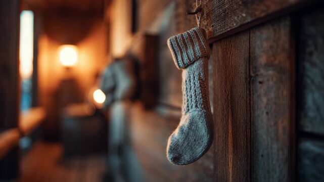 A white, knitted sock is hanging from a hook on a wooden wall. Macro shot of handmade wool sock hanging on cabin wall, soft firelight, peaceful off-grid holiday mood, off grid christmas cabin