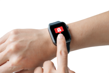 Smartwatch displaying a notification alert with a finger touching the screen on a white background