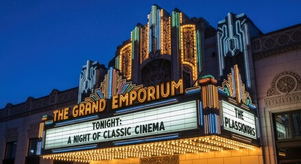 Illuminated grand theatre marquee glowing under the night sky showcasing classic cinema