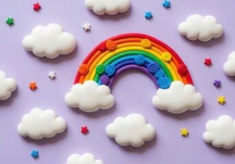 A colorful rainbow made of clay with fluffy clouds and star shapes on a purple background
