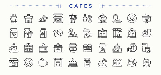 Cafe icon set. Web icons pack. Contain linear sign kitchen, cook, shop, cafes. Editable stroke collections. Coffee Shop icon set.