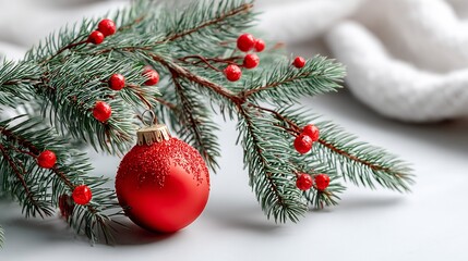 Minimal Christmas background white backdrop small evergreen branch red ornament clean modern holiday design