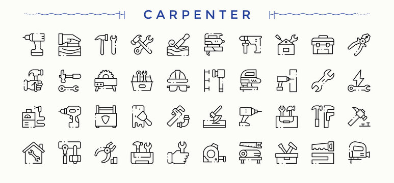Carpenter Tools icon set. Vector icons collection. Includes thin line symbols tool, tools, repair, carpentry. Editable stroke. Vector collection. Wood Craft icon.