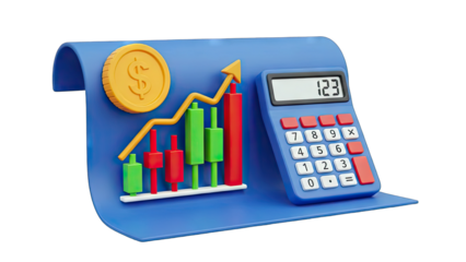 Financial Growth Concept: Chart, Coin, and Calculator on Blue Background