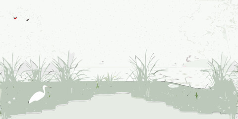 A serene landscape featuring birds water and tall green grasses