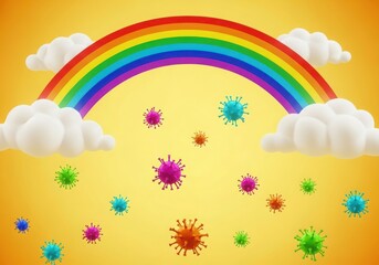 Rainbow over clouds with colorful virus particles on yellow background