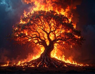 A majestic tree ablaze, surrounded by fire and swirling smoke